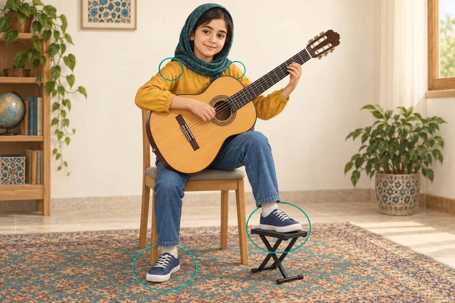 کودک روی صندلی بدون دسته؛ پای چپ روی زیرپایی و پای راست روی زمین